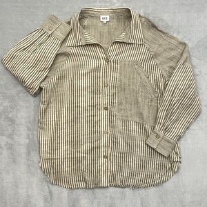 BKE Women’s Striped Button Front Shirt Raw Hem Boyfriend Fit Oversized Medium